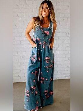 BiBi Blue Floral Denim Jumpsuit with Pink Roses